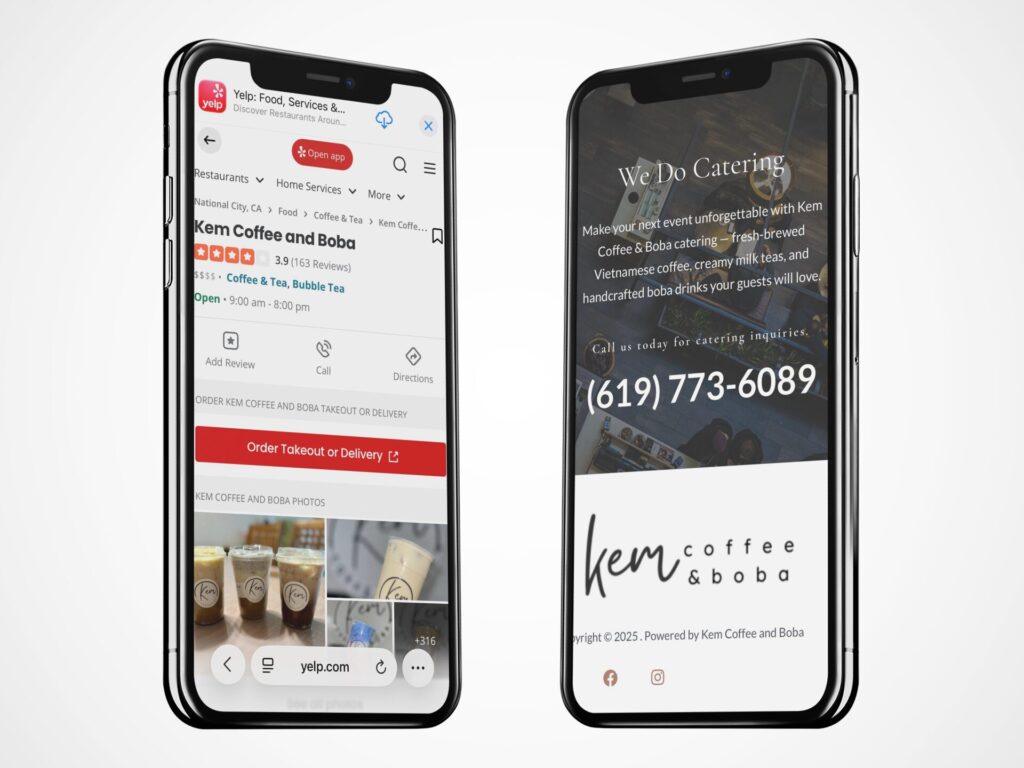 two iphones one showing yelp the other showing catering